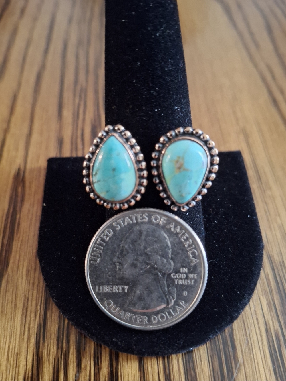 Ring Turquoise Double Natural Stones Copper Adjustable By Pass - Picture 3 of 5